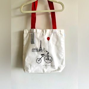 Jacadi Paris 12x12 inch cotton tote bag, red and white.